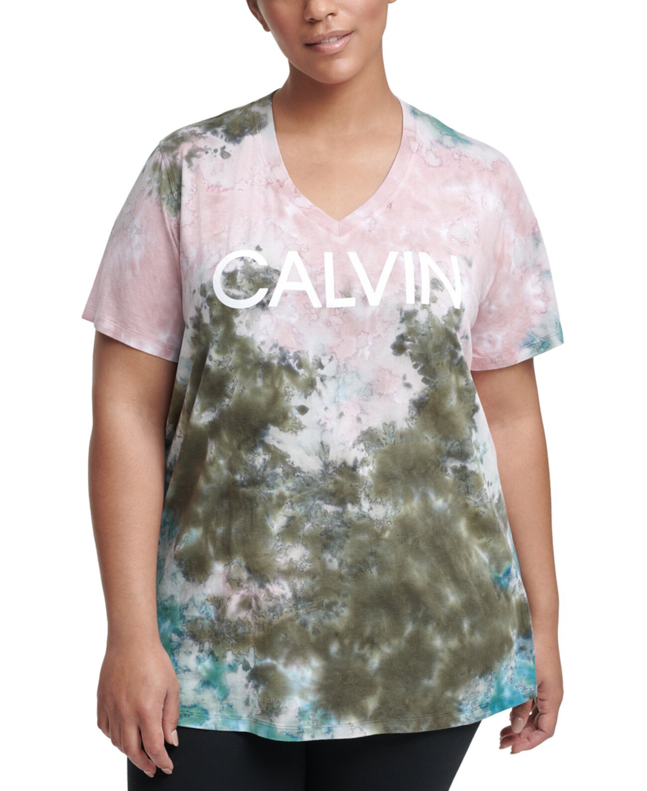 Plus Size Performance Tie-Dyed V-Neck Logo Top Calvin Klein