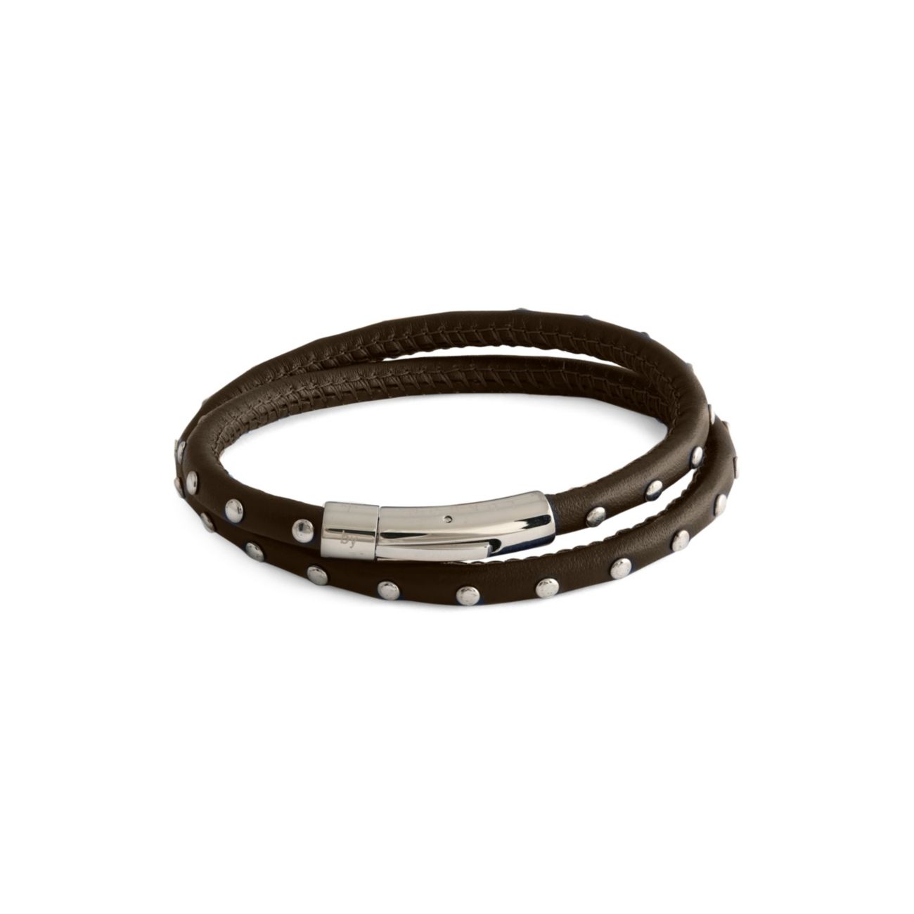 Stainless Steel &amp; Leather Studded Wrap Bracelet Tateossian