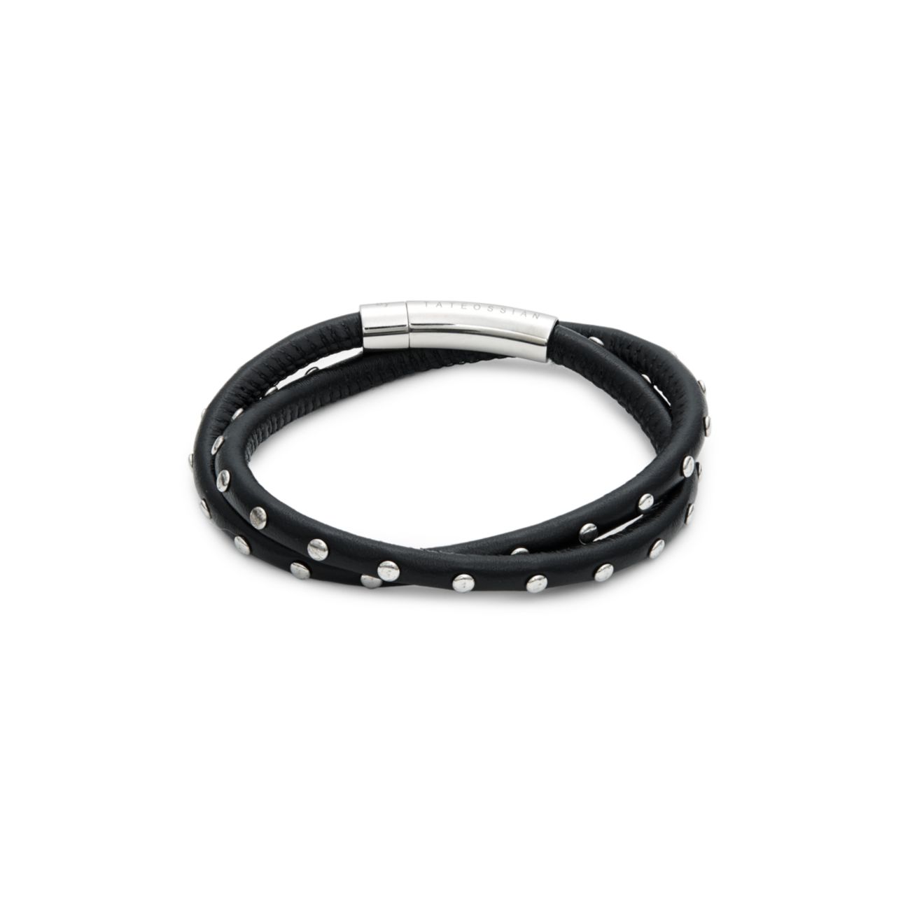 Stainless Steel &amp; Leather Studded Wrap Bracelet Tateossian