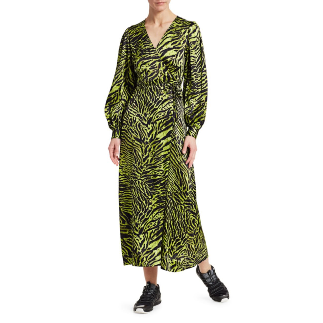 Платье из эластичного шелкового атласа с запахом в тигровую полоску GANNI