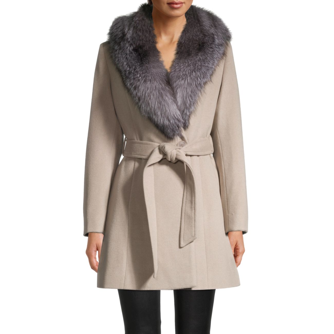 Fox Fur-Collar Wool-Blend Coat Sofia Cashmere