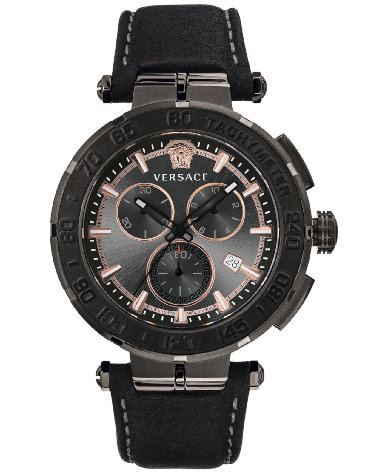 Мужские швейцарские часы с хронографом Greca с черным кожаным ремешком 45 мм Versace