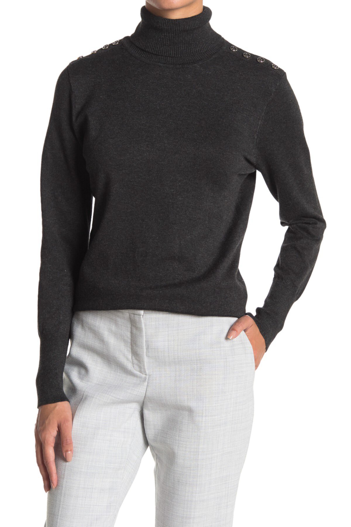 Button Shoulder Turtleneck Sweater (Petite) JOSEPH A
