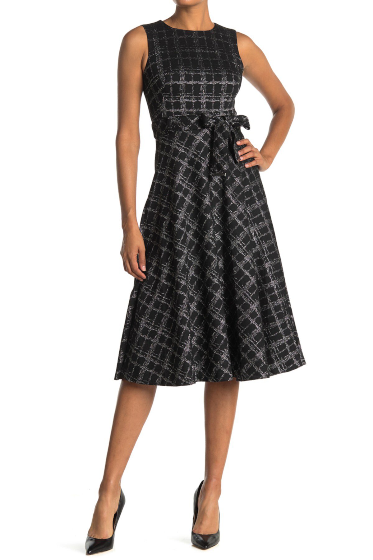 Windowpane Tie Waist Fit & Flare Midi Dress Calvin Klein