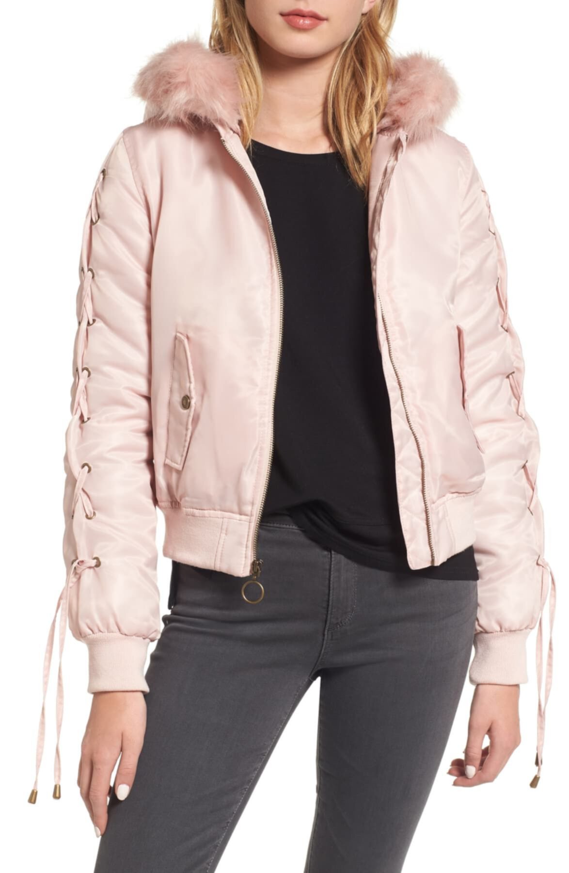 Lace-Up Sleeve Quilted Bomber Jacket Kensie