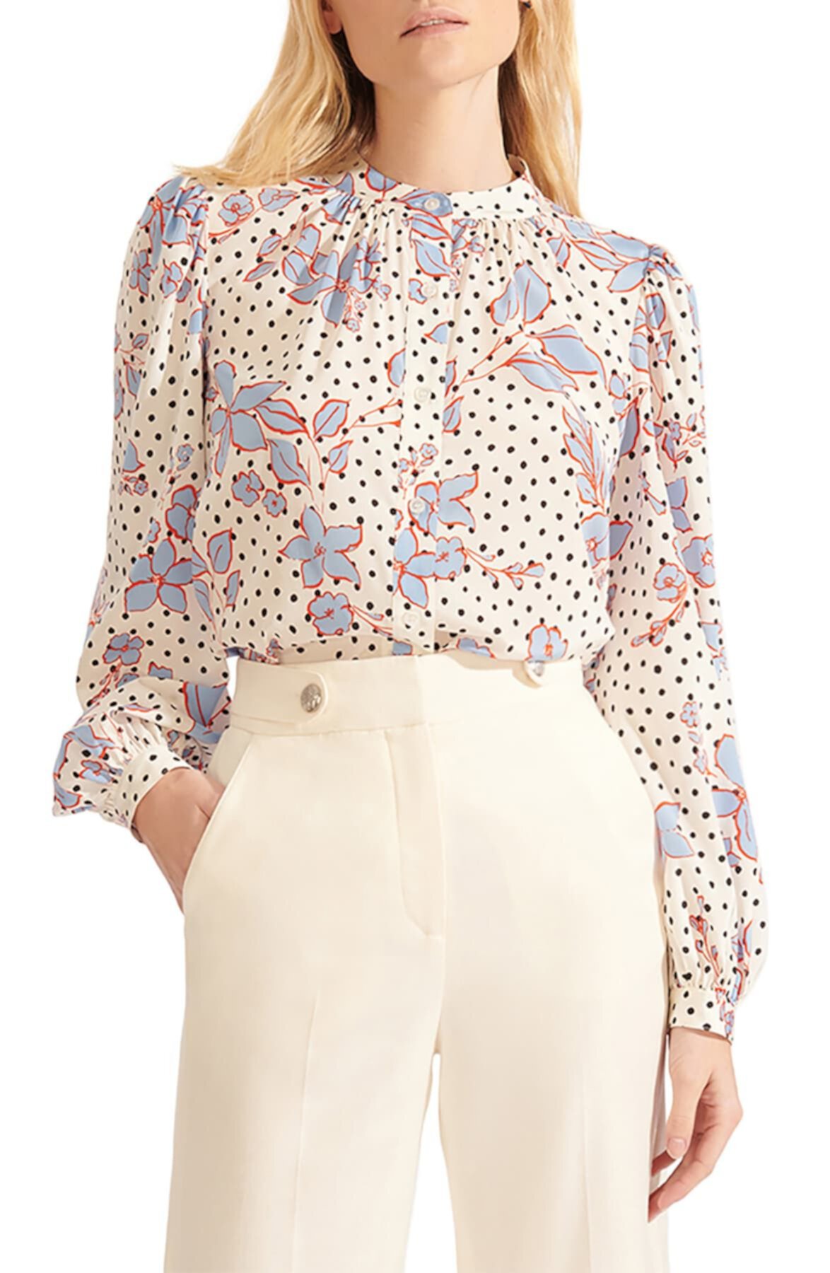 Эластичная шелковая блуза Ashlynn с цветочным принтом в горошек VERONICA BEARD