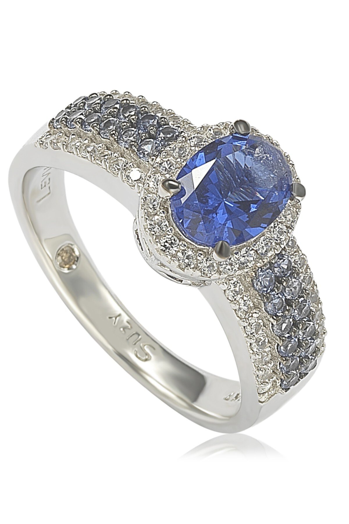Юбилейное кольцо из стерлингового серебра с сапфиром овальной огранки с паве и бриллиантами - 0,02 карата Suzy Levian