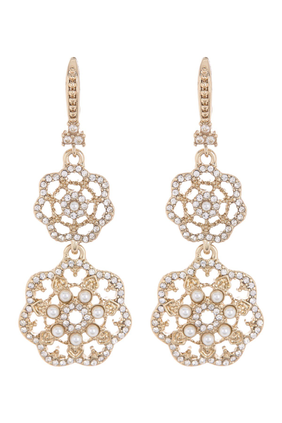 Gold-Tone Crystal & Faux Pearl Filigree Double Drop Earrings Marchesa