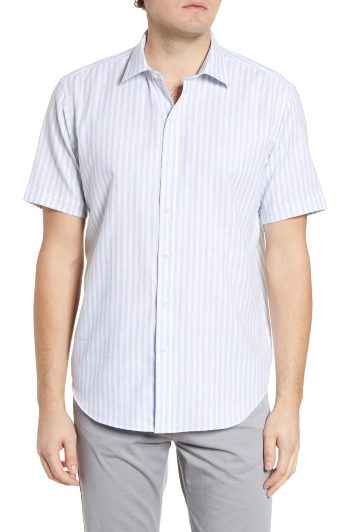 Shaped Fit Stripe Short Sleeve Button-Up Cotton & Linen Shirt BUGATCHI