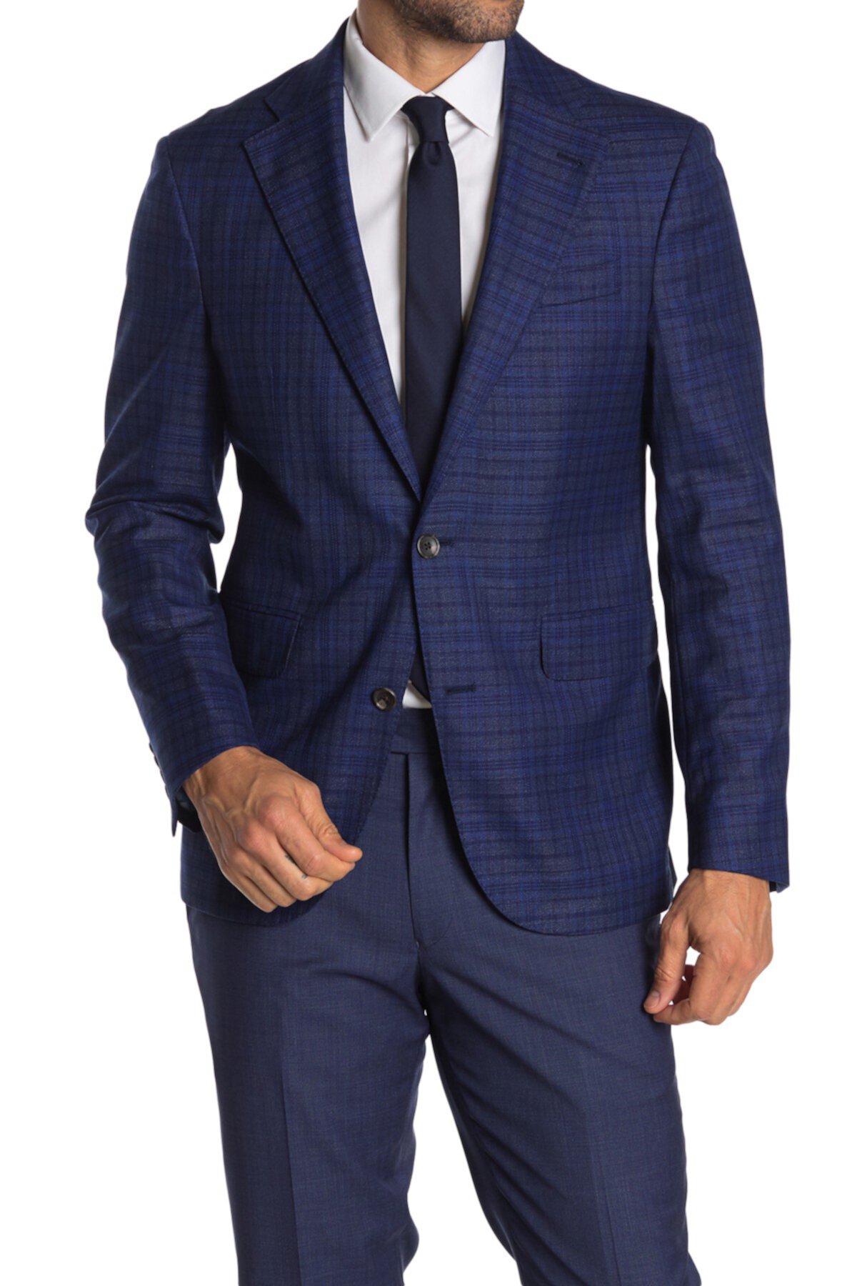 Blue Plaid Two Button Notch Lapel Stretch Wool Sport Coat Strong Suit