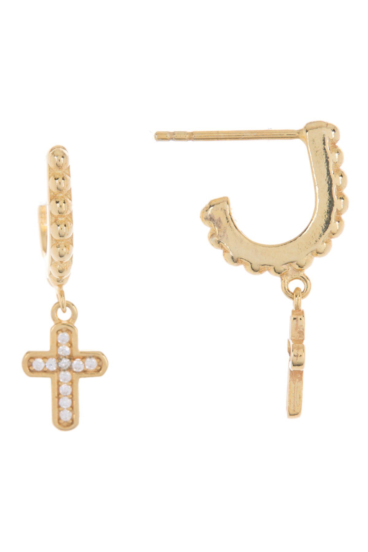 18K Gold Vermeil J-Huggie CZ Pave Cross Drop Earrings Argento Vivo
