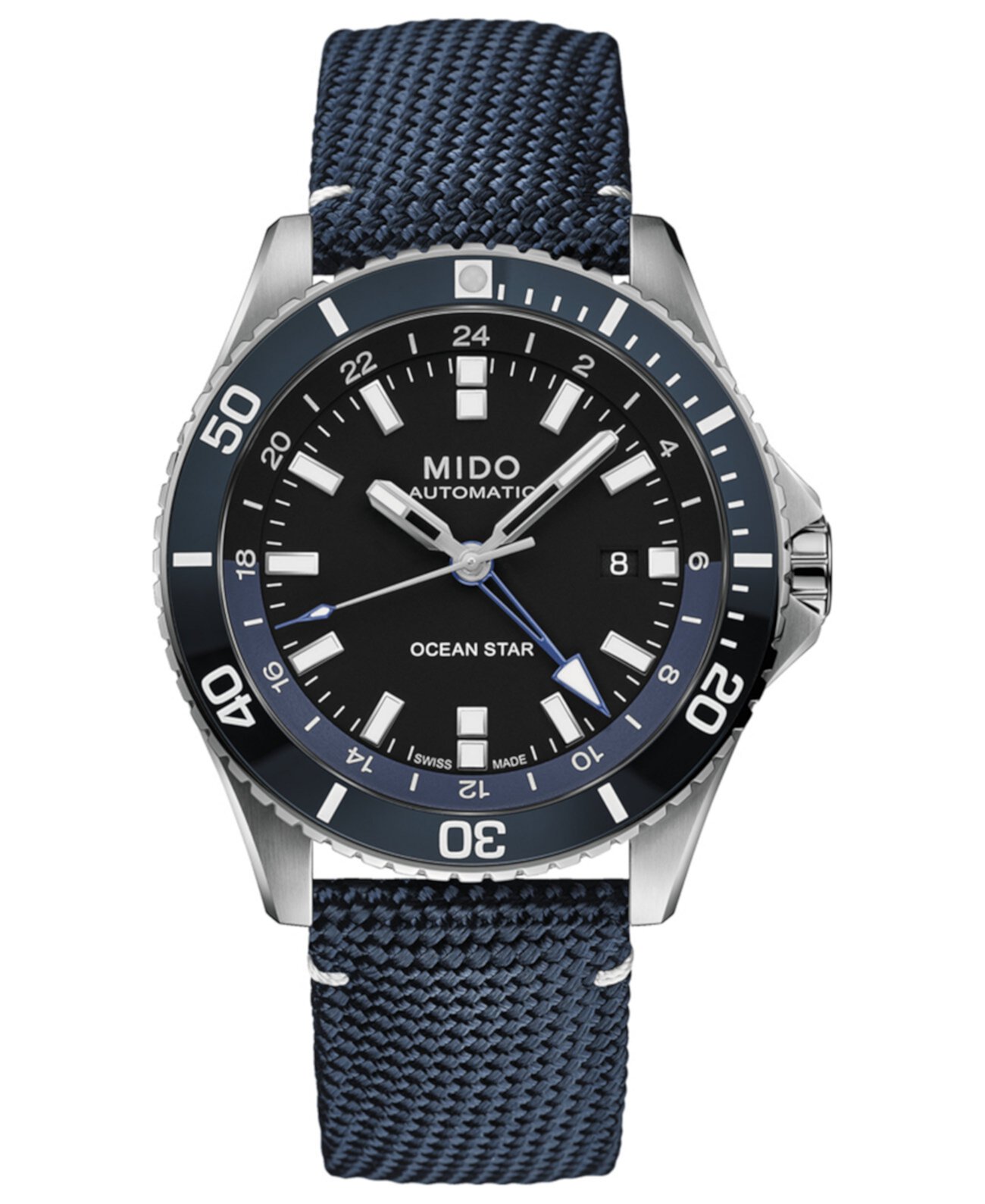 Мужские швейцарские автоматические часы Ocean Star GMT с синим тканевым ремешком, 44 мм MIDO