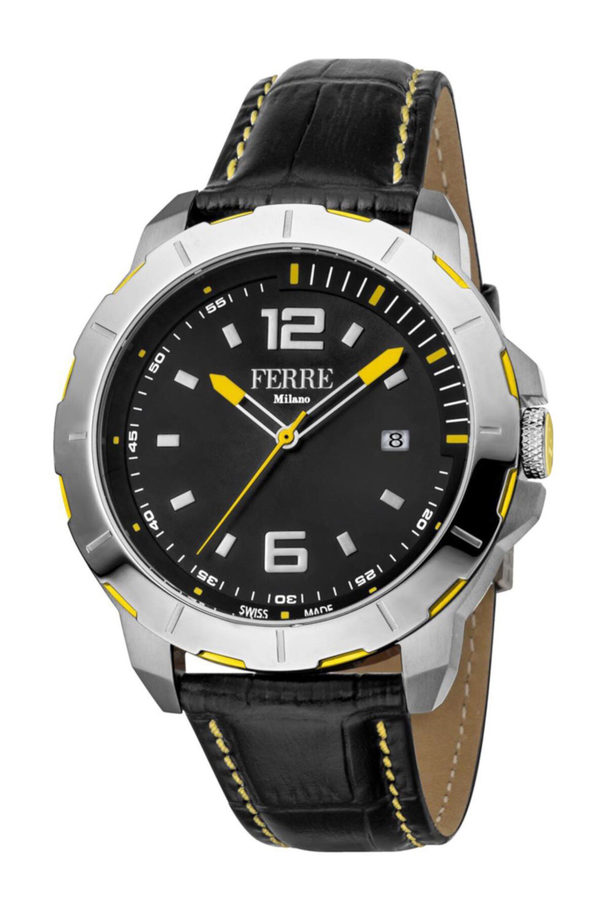 Мужские часы Uomo Capri швейцарские кварцевые с кожаным ремешком с тиснением под крокодила, 45 мм Ferre Milano