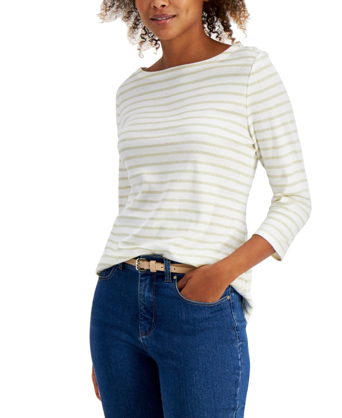 Petite Cotton Striped 3/4-Sleeve Top, Created for Macy's Charter Club