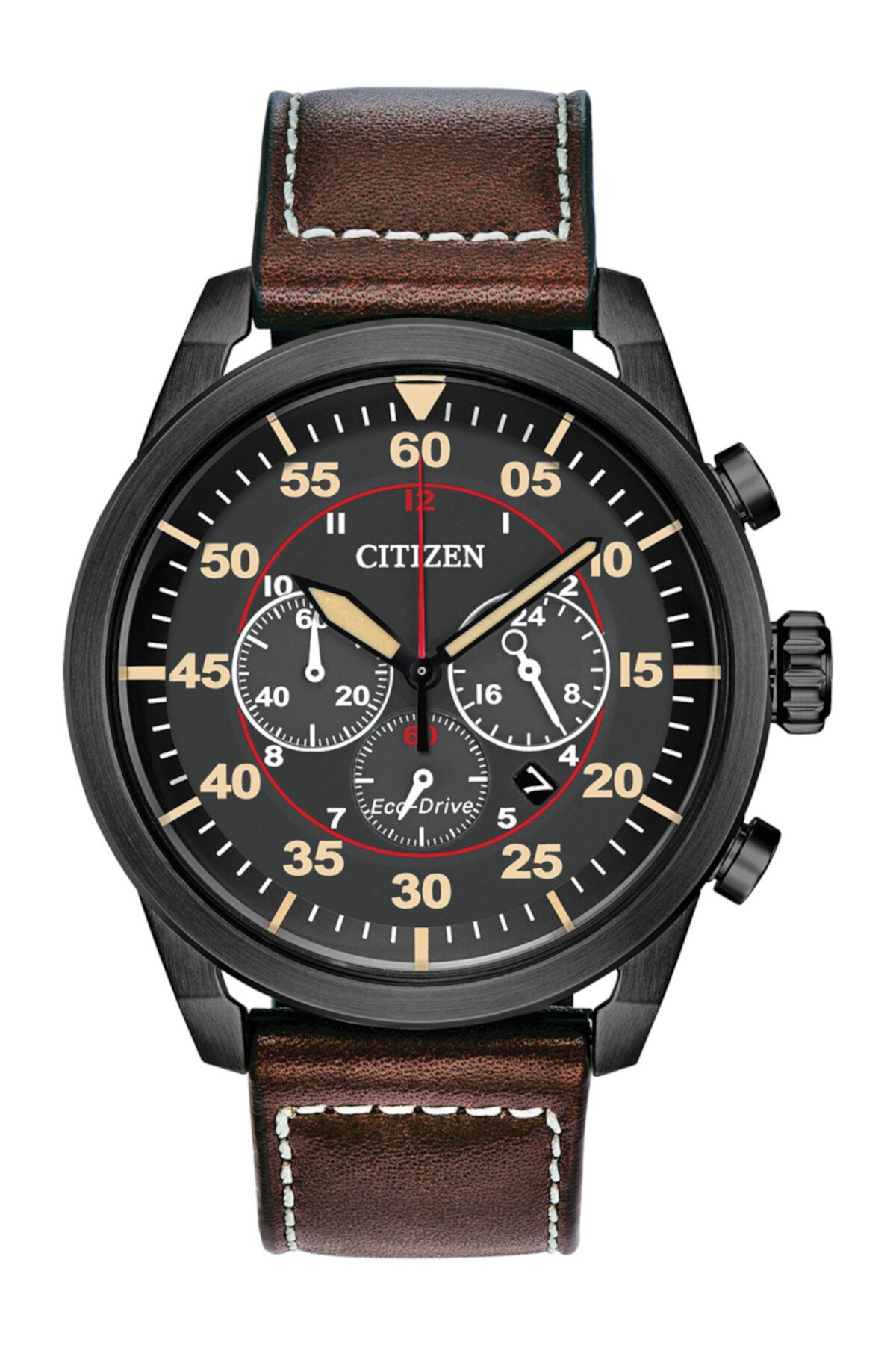 Мужские часы с черным циферблатом и хронографом на кожаном ремешке, 44,8 мм Citizen
