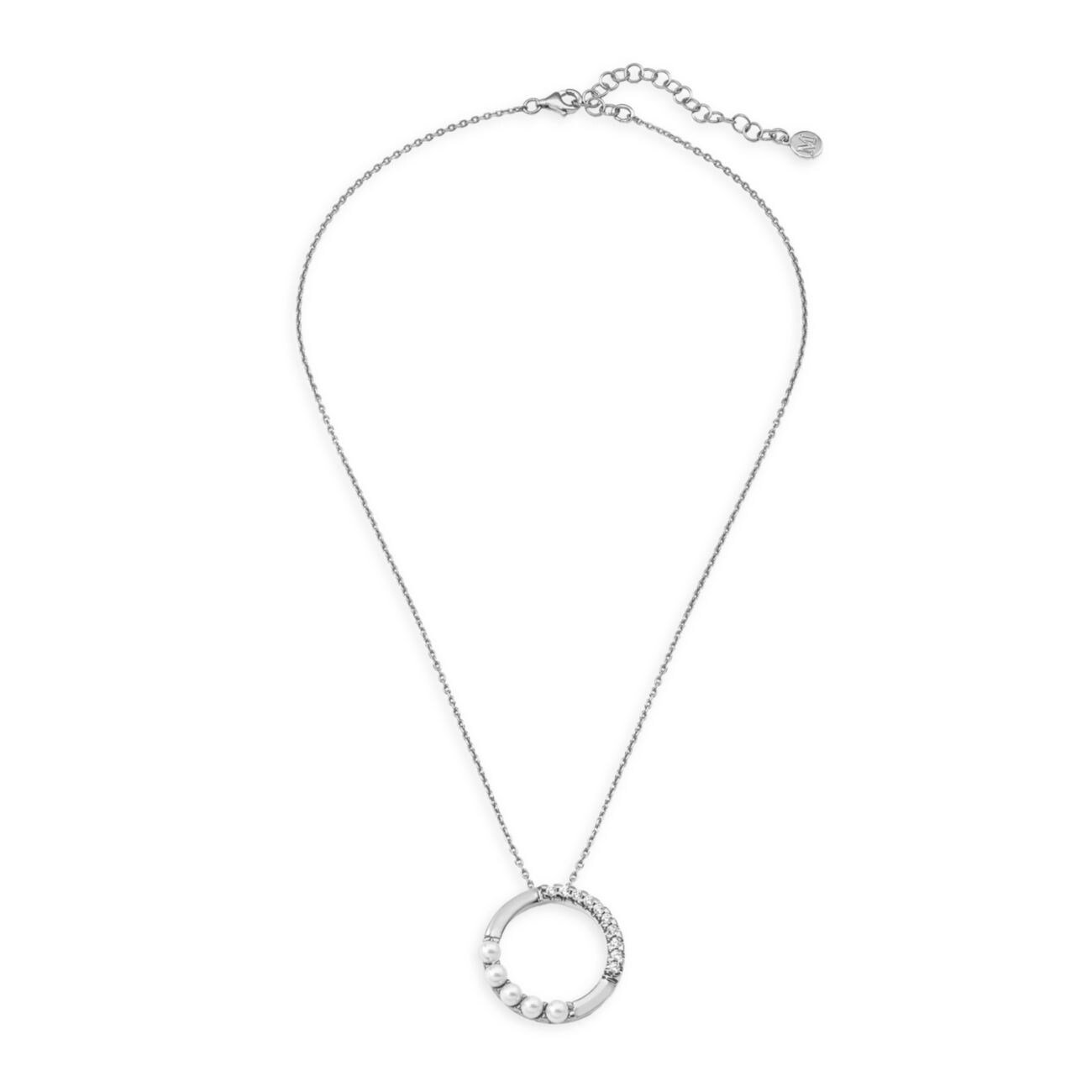 Ожерелье с подвеской в виде круга из стерлингового серебра и белого органического искусственного жемчуга 4 мм Majorica
