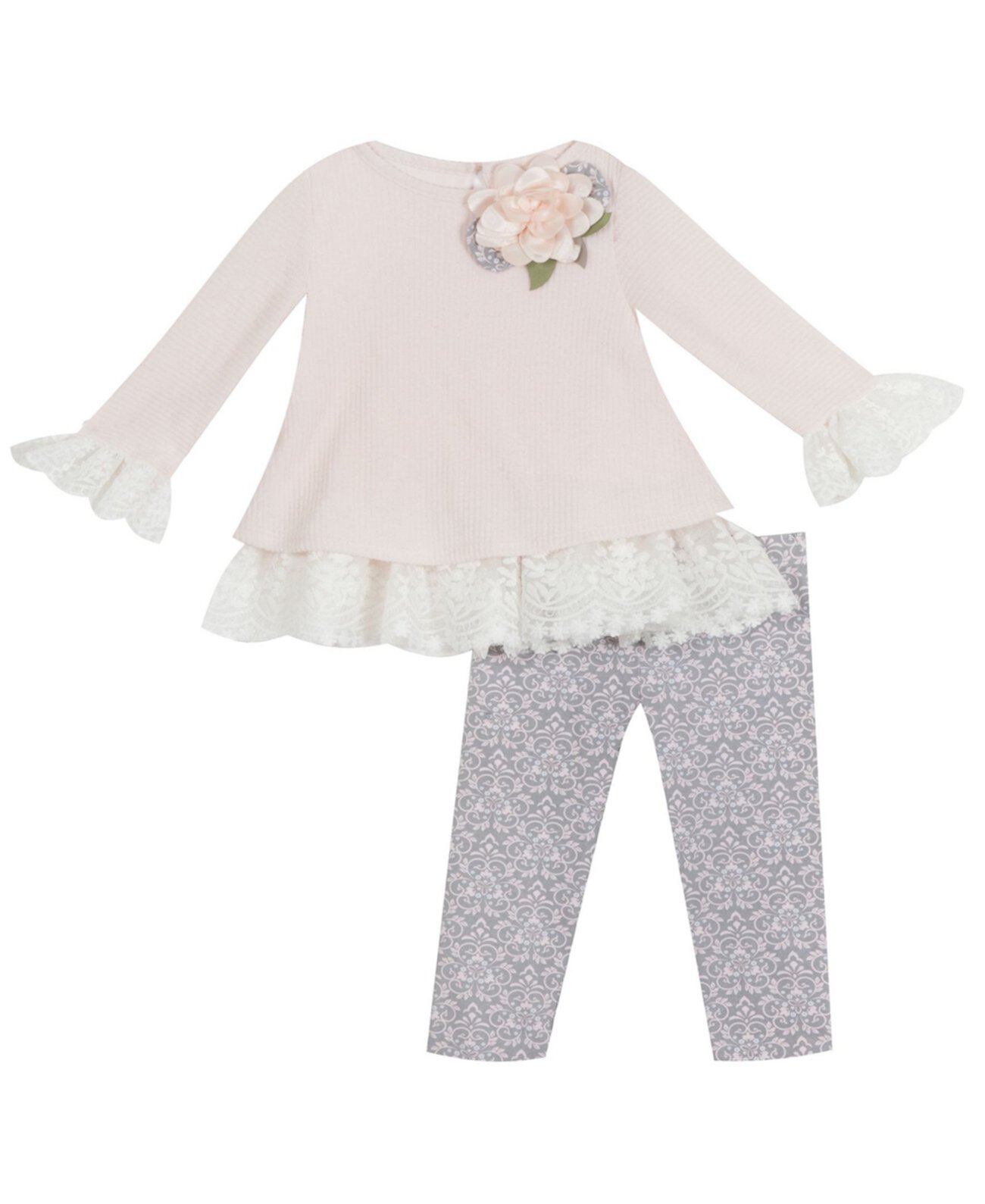 Little  Girl Sweater Set With Lace Detail And Flower Applique Legging Set Rare Editions
