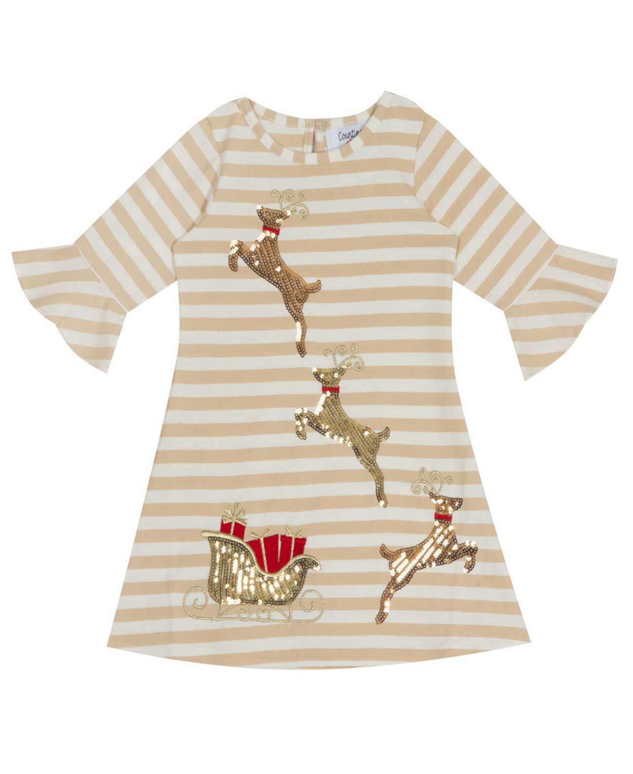 Little  Girl Stripe Dress With Reindeer Applique Rare Editions