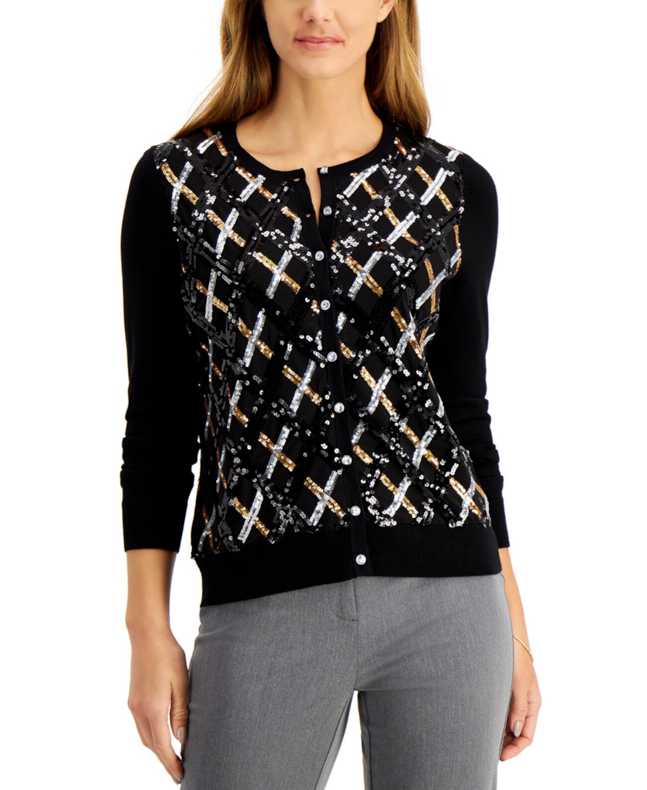 Petite Argyle-Sequin Cardigan Sweater, Created for Macy's Charter Club