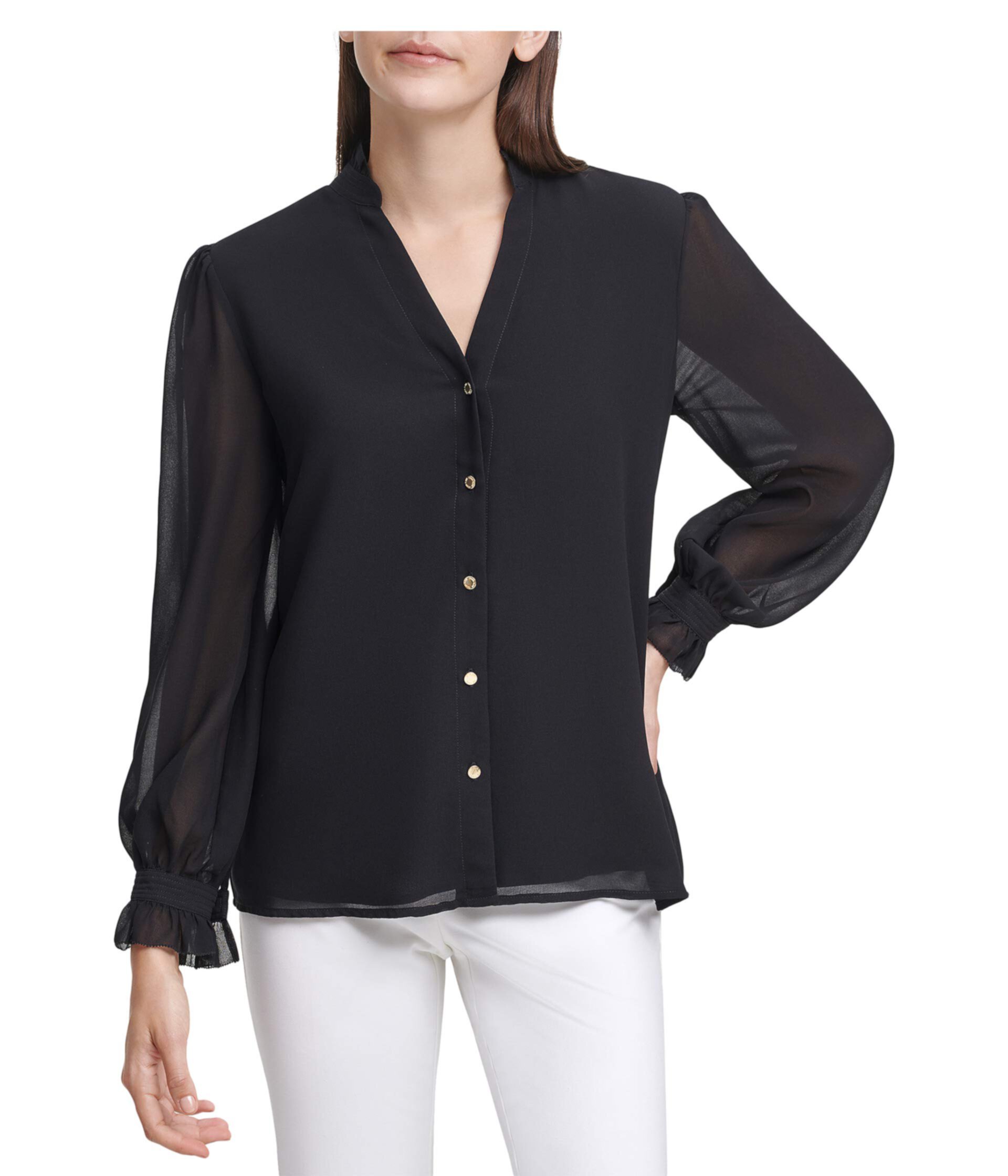 Блуза на пуговицах спереди с V-образным вырезом Calvin Klein