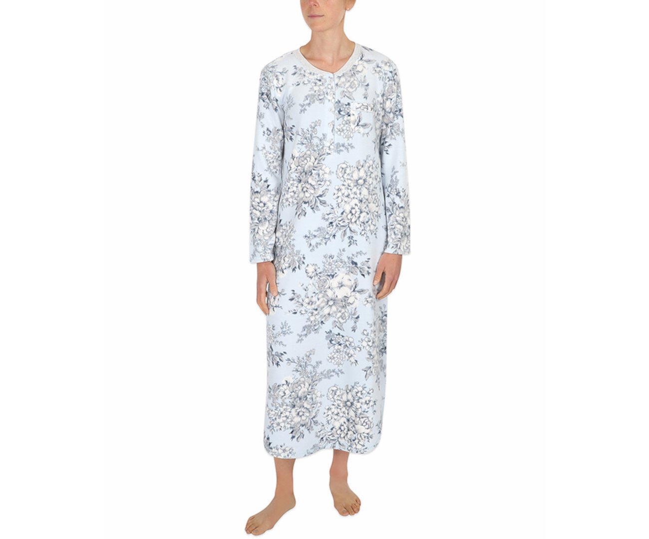 Floral-Print Fleece Long Nightgown Miss Elaine