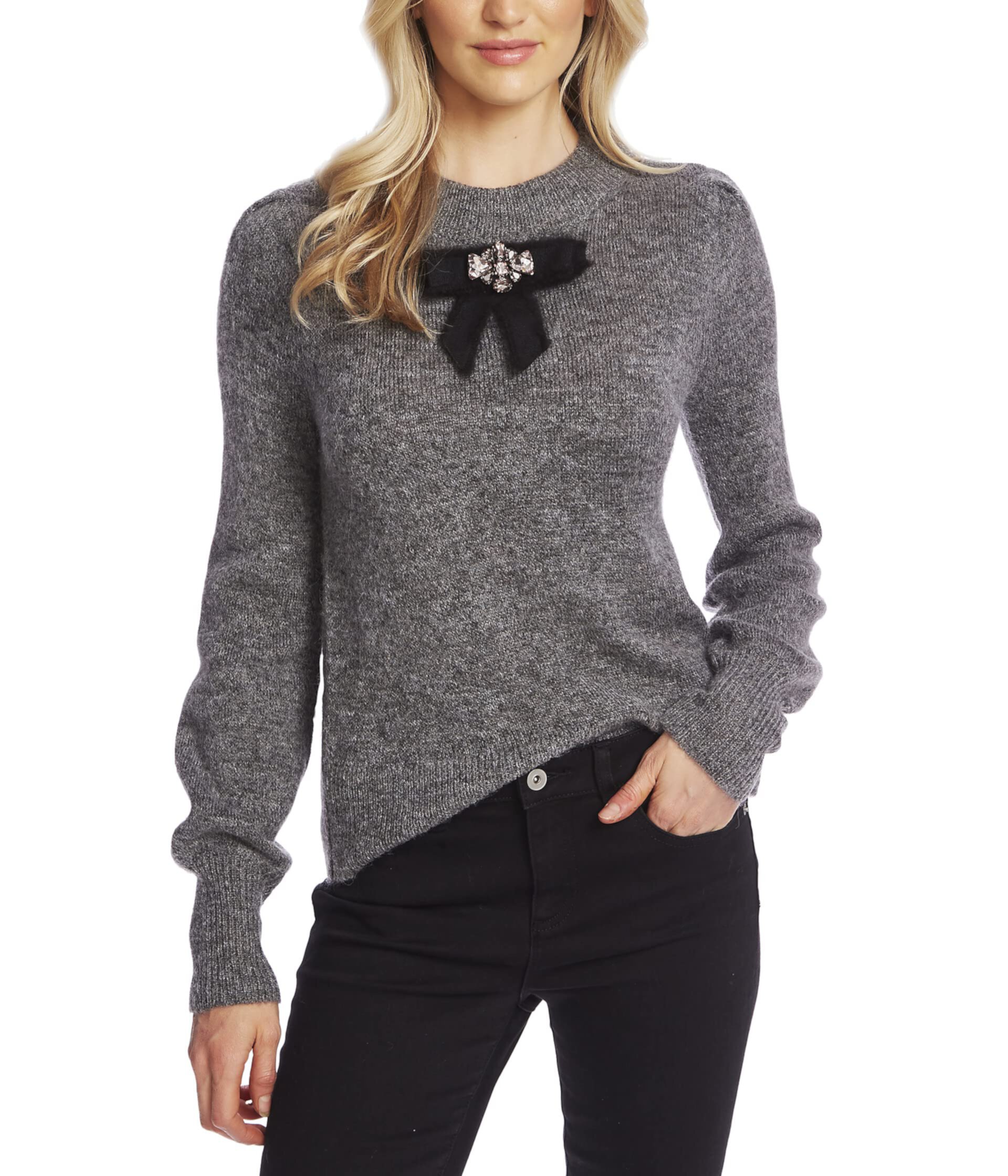 Long Sleeve Pullover Sweater w/Center Bow CeCe