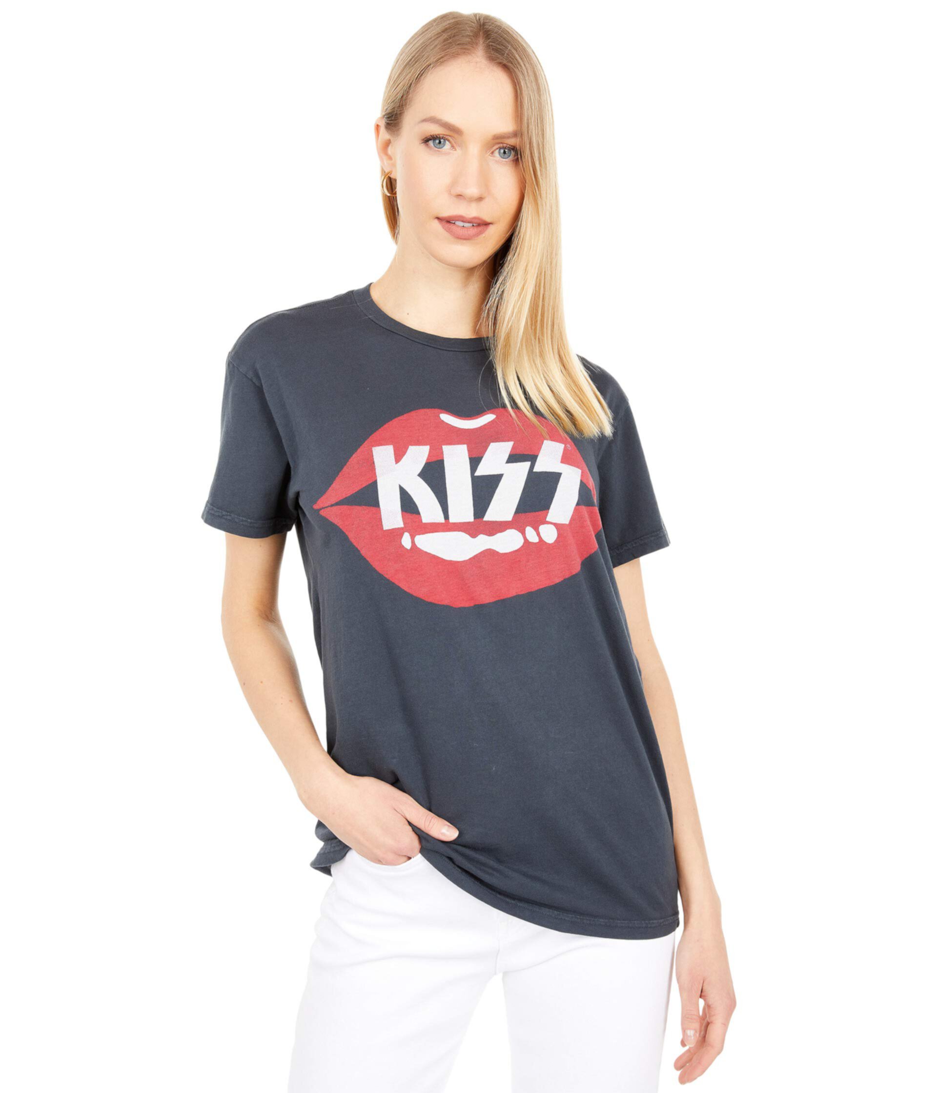 Винтажная рваная футболка с короткими рукавами Black Label Kiss Lips The Original Retro Brand