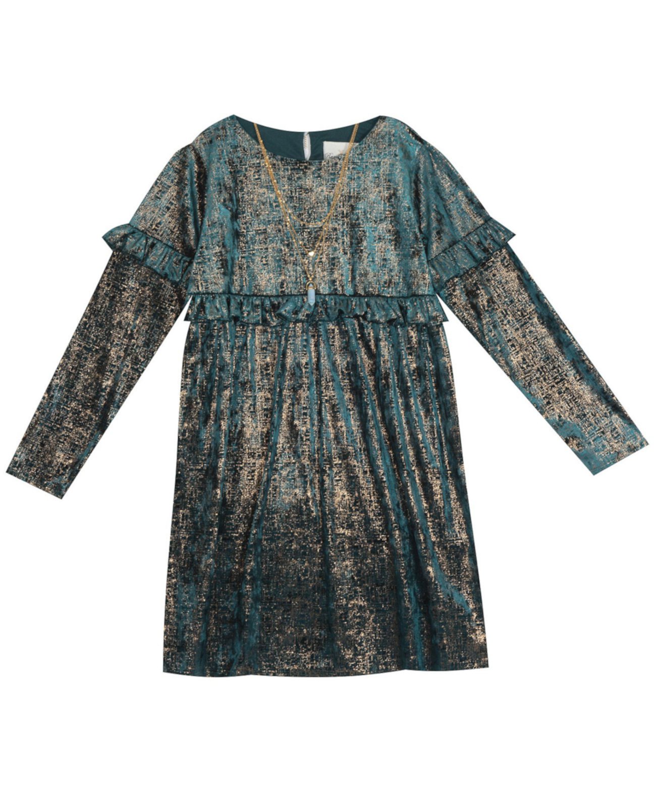 Little Girl Foil Crushed Velvet Babydoll Dress With Ruffle Detail And Necklace Rare Editions
