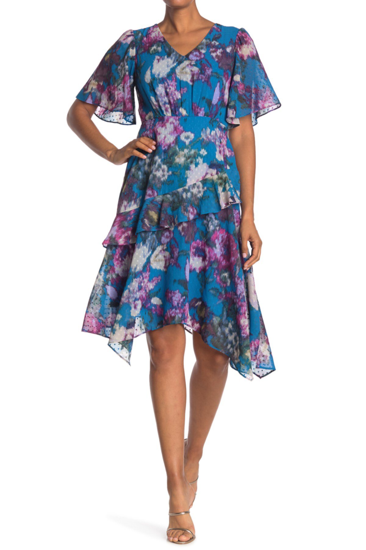 Мини-платье в горошек с короткими рукавами и цветочными оборками Gabby Skye