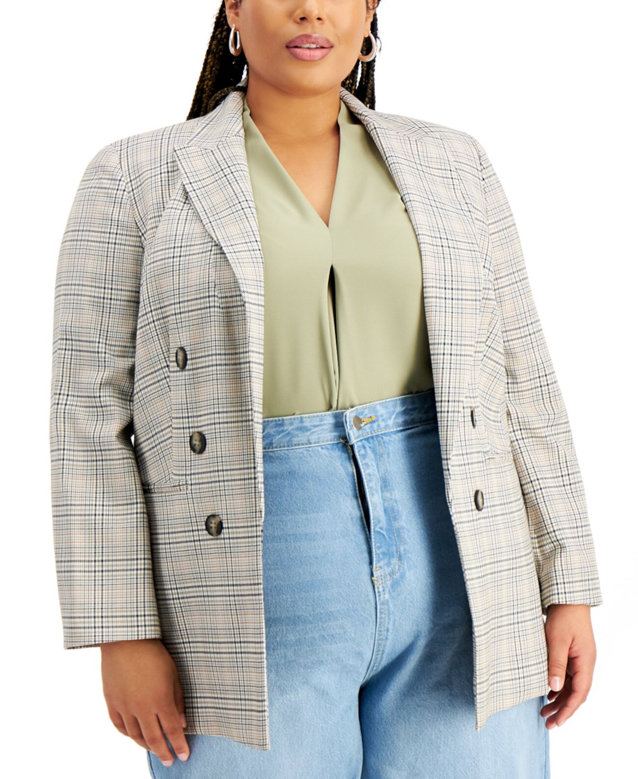 Trendy Plus Size Plaid Open-Front Blazer, Created for Macy's Bar III