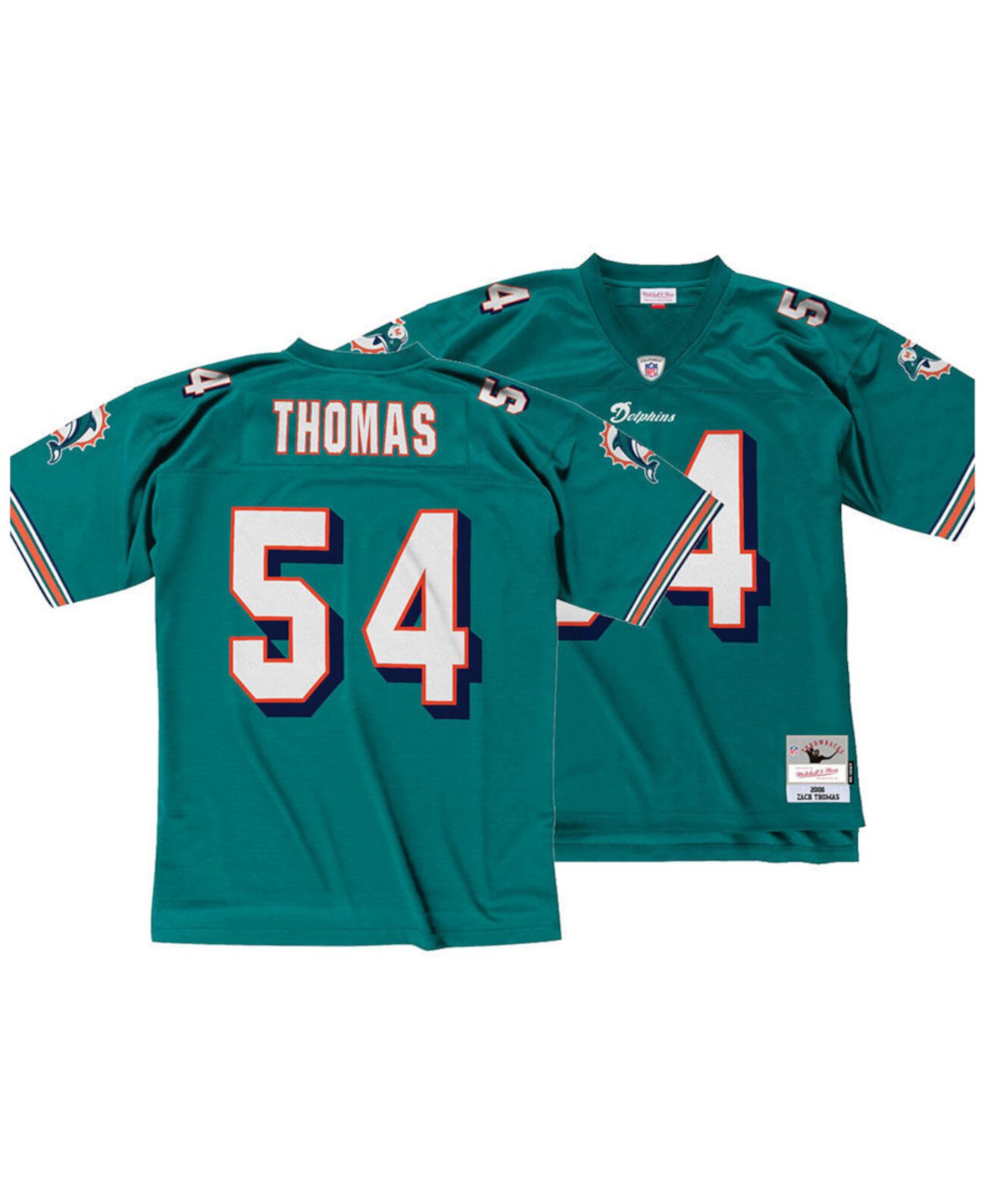 Мужская футболка реплика Zach Thomas Miami Dolphins с V-образным вырезом и коротким рукавом Mitchell & Ness