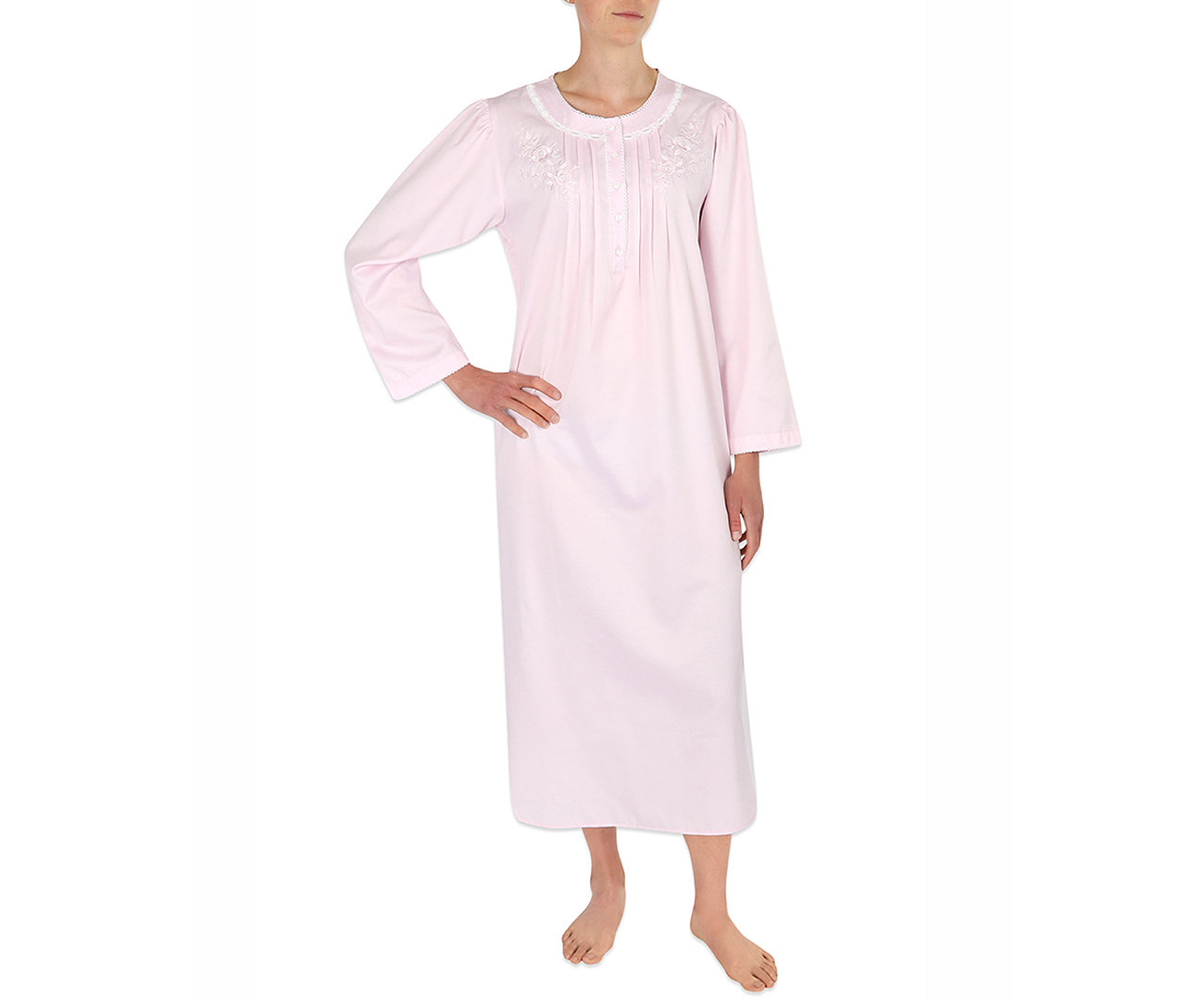Embroidered Brushed-Back Long Satin Nightgown Miss Elaine