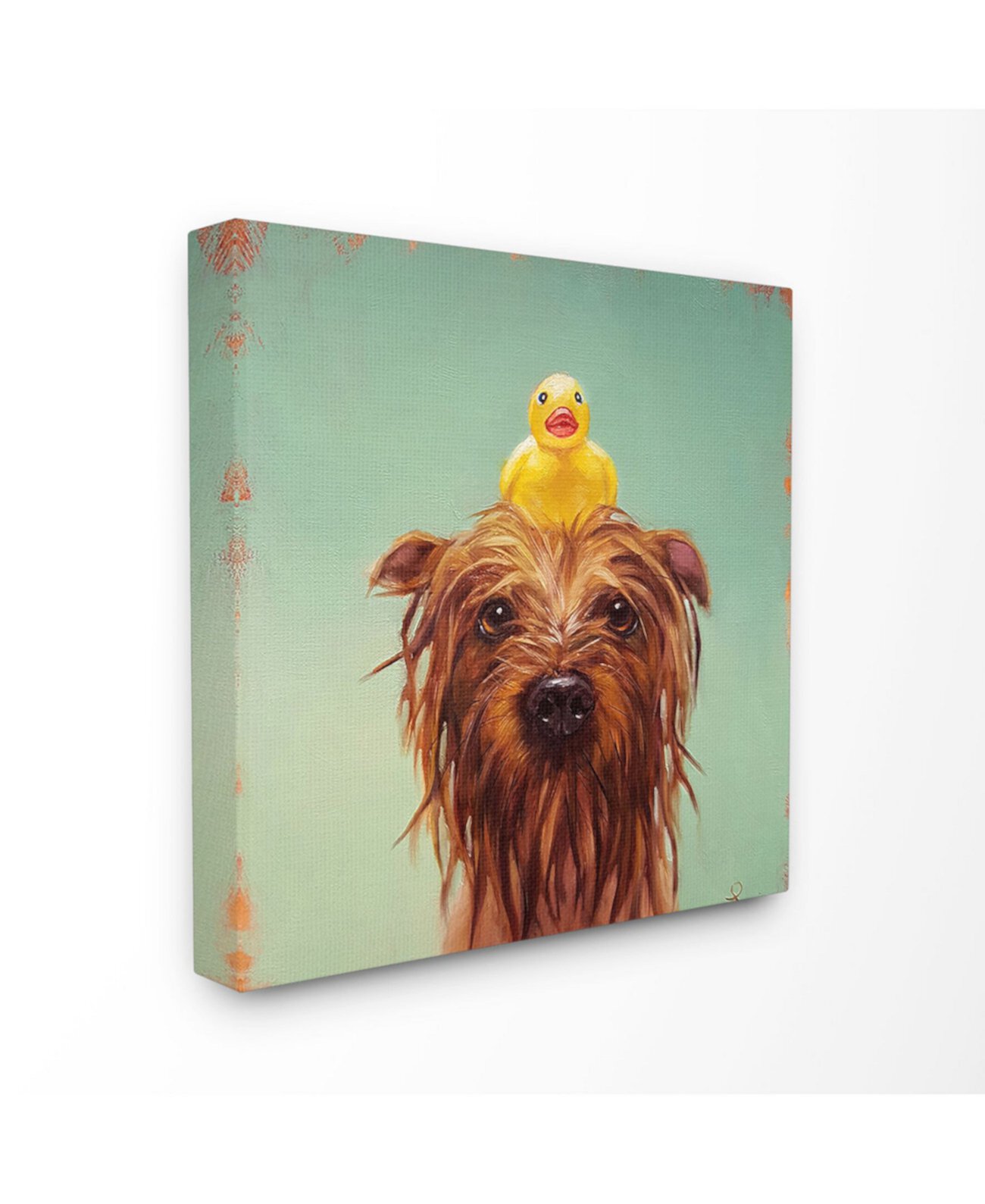 Мокрая собака с резиновой уточкой, картина в бирюзовой ванне, настенная живопись на растянутом холсте, 17 дюймов (Д) x 17 дюймов (В) Stupell Industries