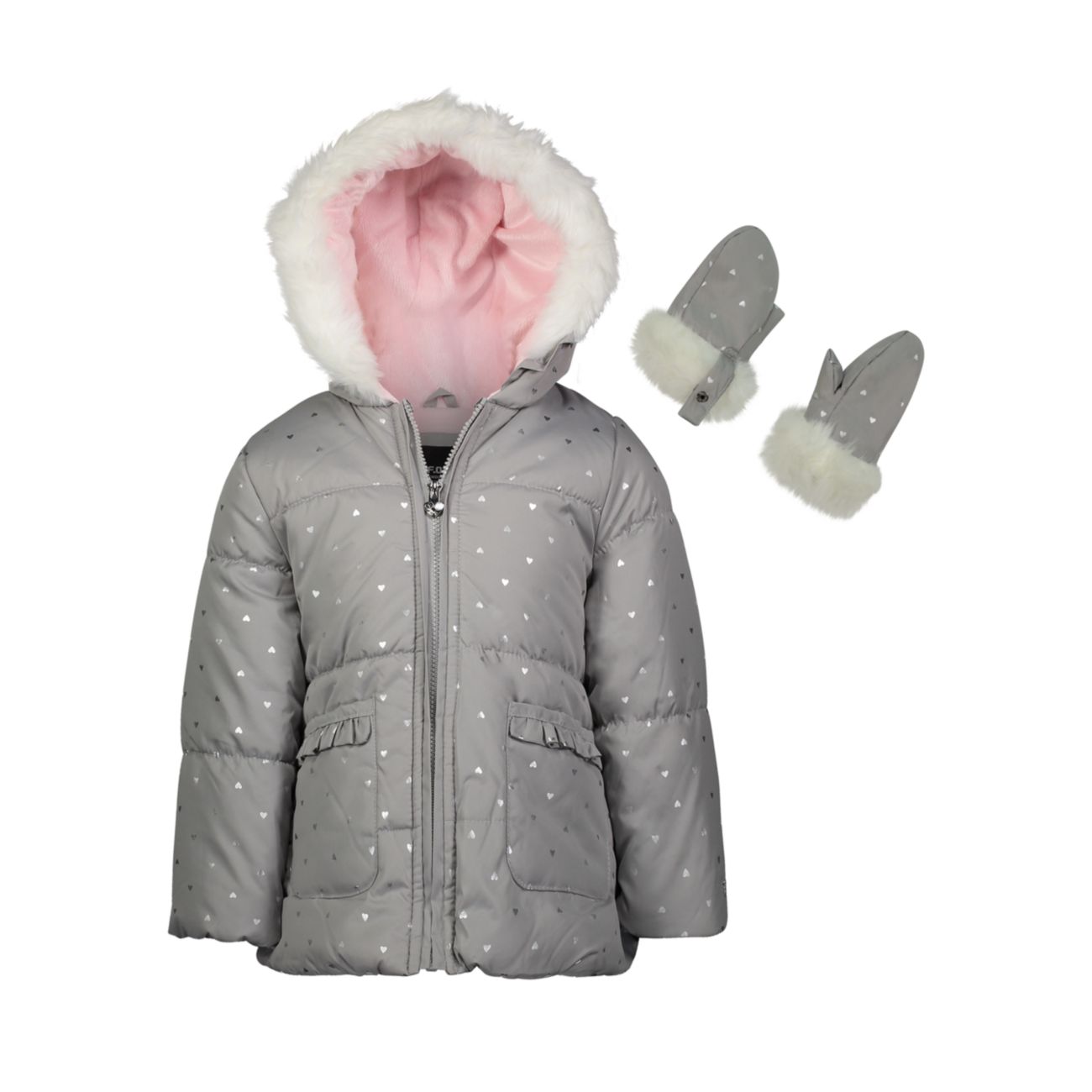 Baby Girl's Heart-Print Fashion Faux Fur-Trim Coat London Fog