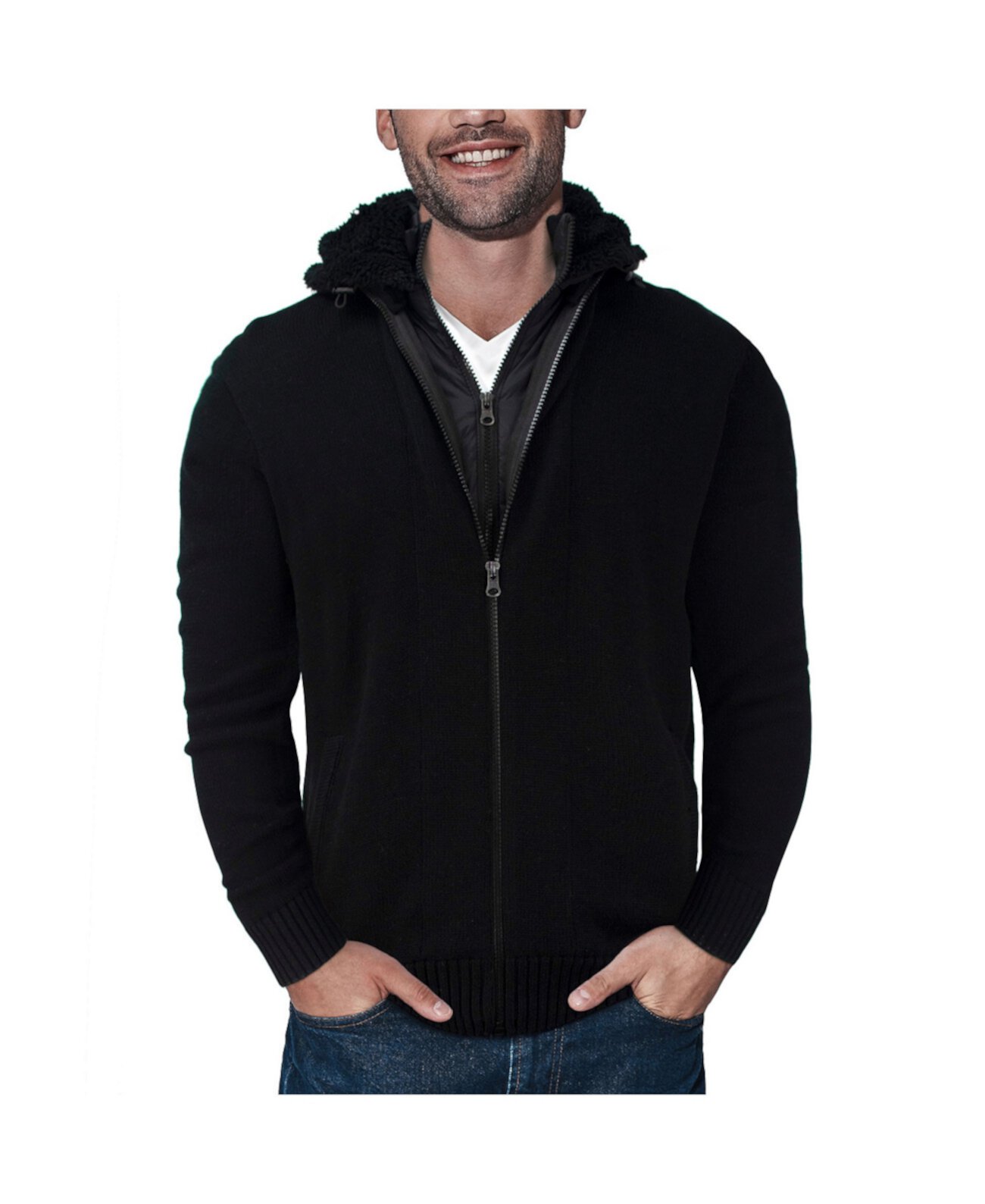Мужская куртка-свитер с молнией во всю длину и капюшоном на пушистой флисовой подкладке X-Ray