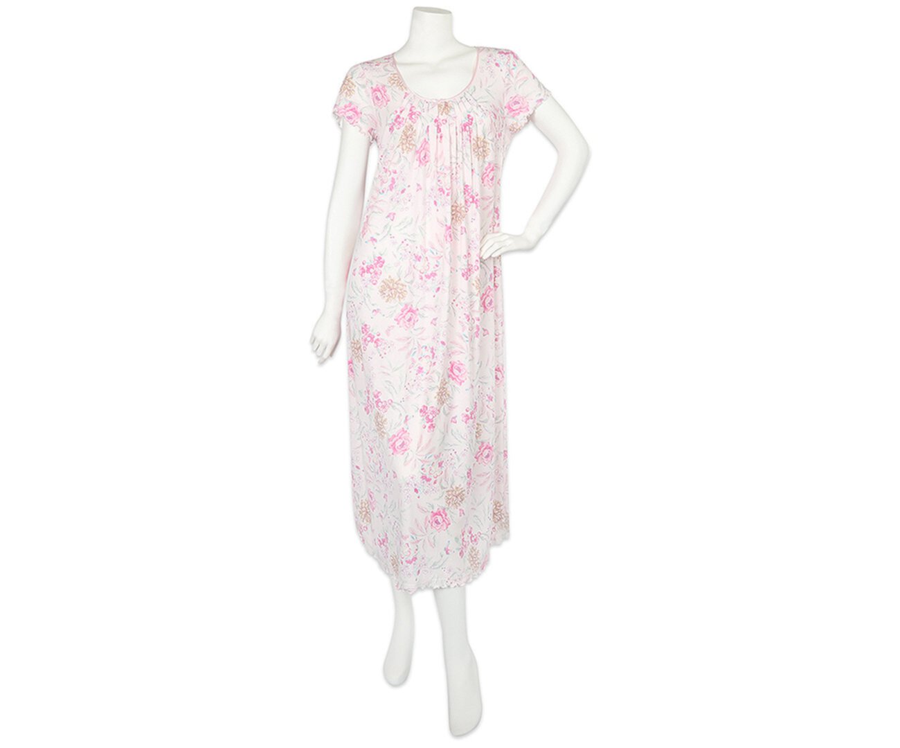 Pleated Floral-Print Short Sleeve Nightgown Miss Elaine