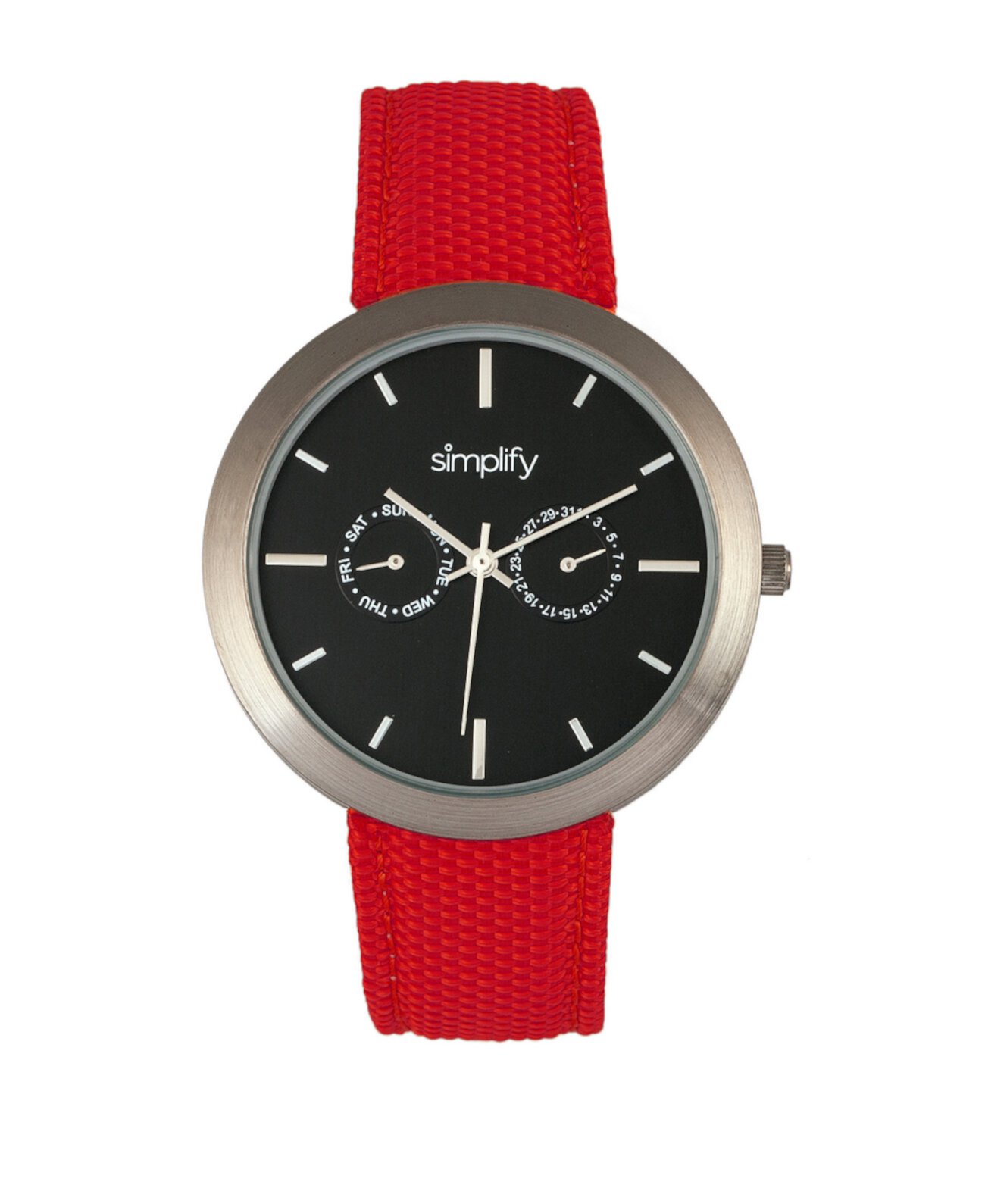 Кварцевые часы с черным циферблатом 6100, красный ремешок из полиуретана с покрытием из холста, 43 мм Simplify