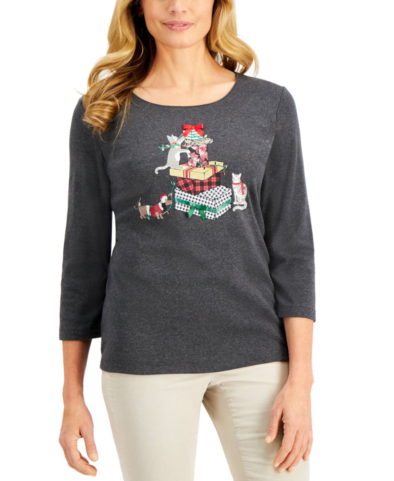 Petite Embellished Graphic Holiday Top, Created for Macy's Karen Scott