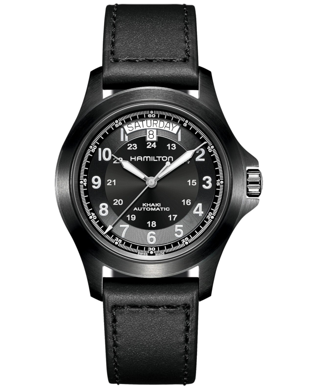 Мужские швейцарские автоматические часы цвета хаки Field King с черным кожаным ремешком 40 мм Hamilton