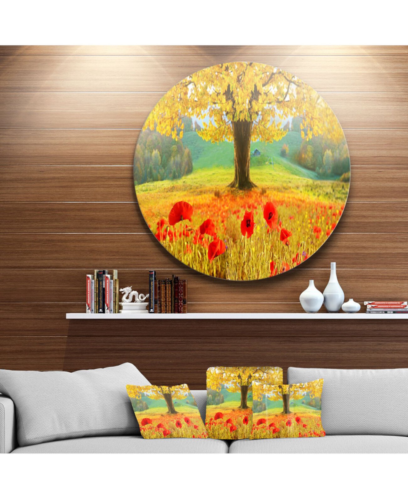 Designart 'Красивое осеннее желтое дерево' Металлическая настенная живопись с цветочным рисунком в круглом круге - 23 "x 23" Design Art