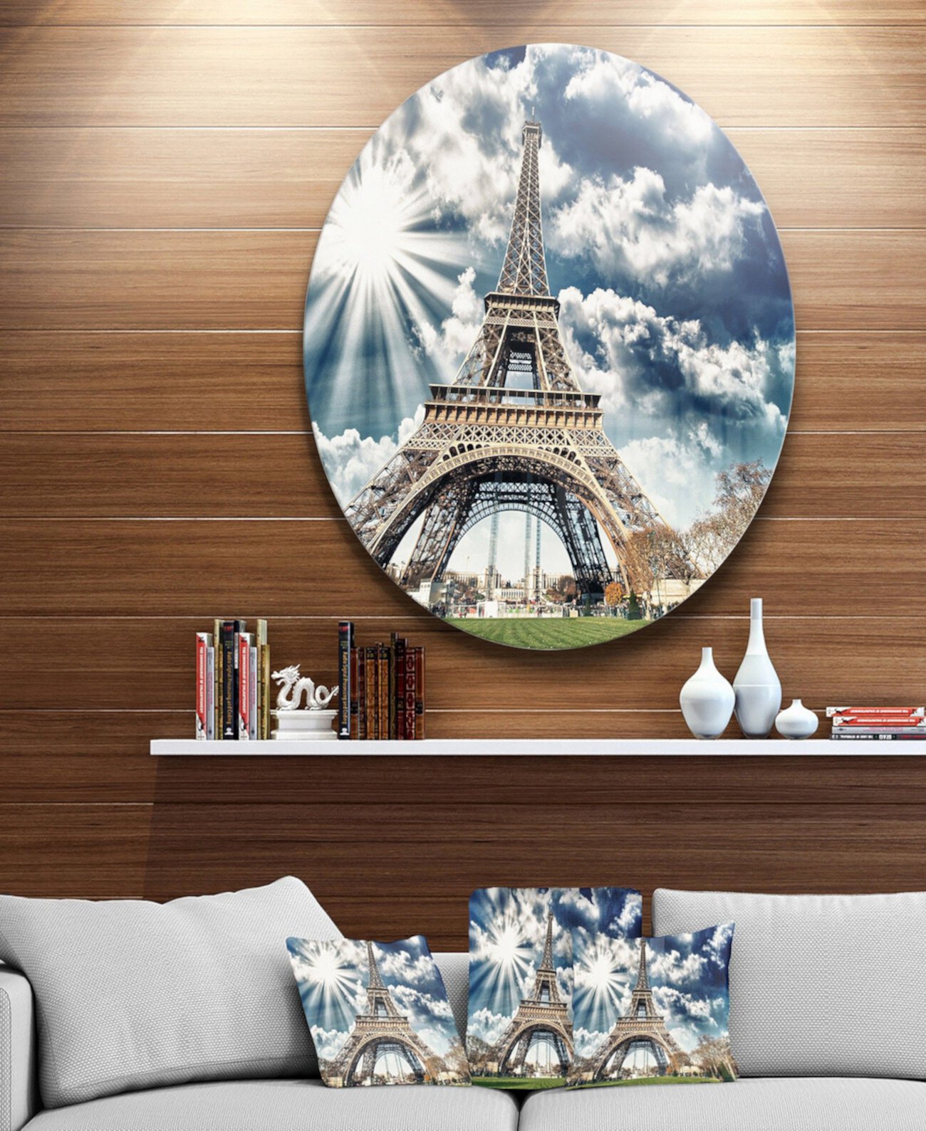 Designart 'Великолепный Парижский вид на Эйфелеву башню' Фотография горизонта в круге, металлическая стена, искусство - 23 "x 23" Design Art