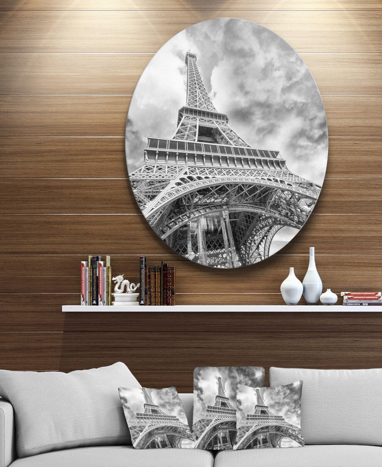 Designart «Черно-белый вид Парижа на Эйфелеву башню в Париже» Ультра-глянцевая круглая стена с изображением городского пейзажа - 23 "x 23" Design Art