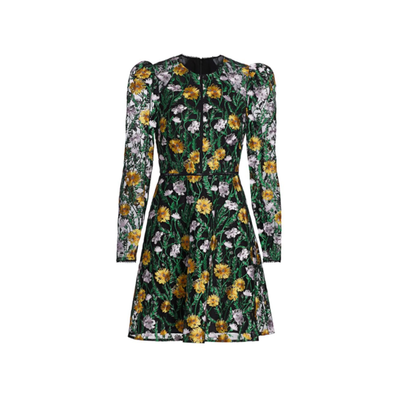 Floral Embroidered Puff-Sleeve Mesh Dress ML Monique Lhuillier