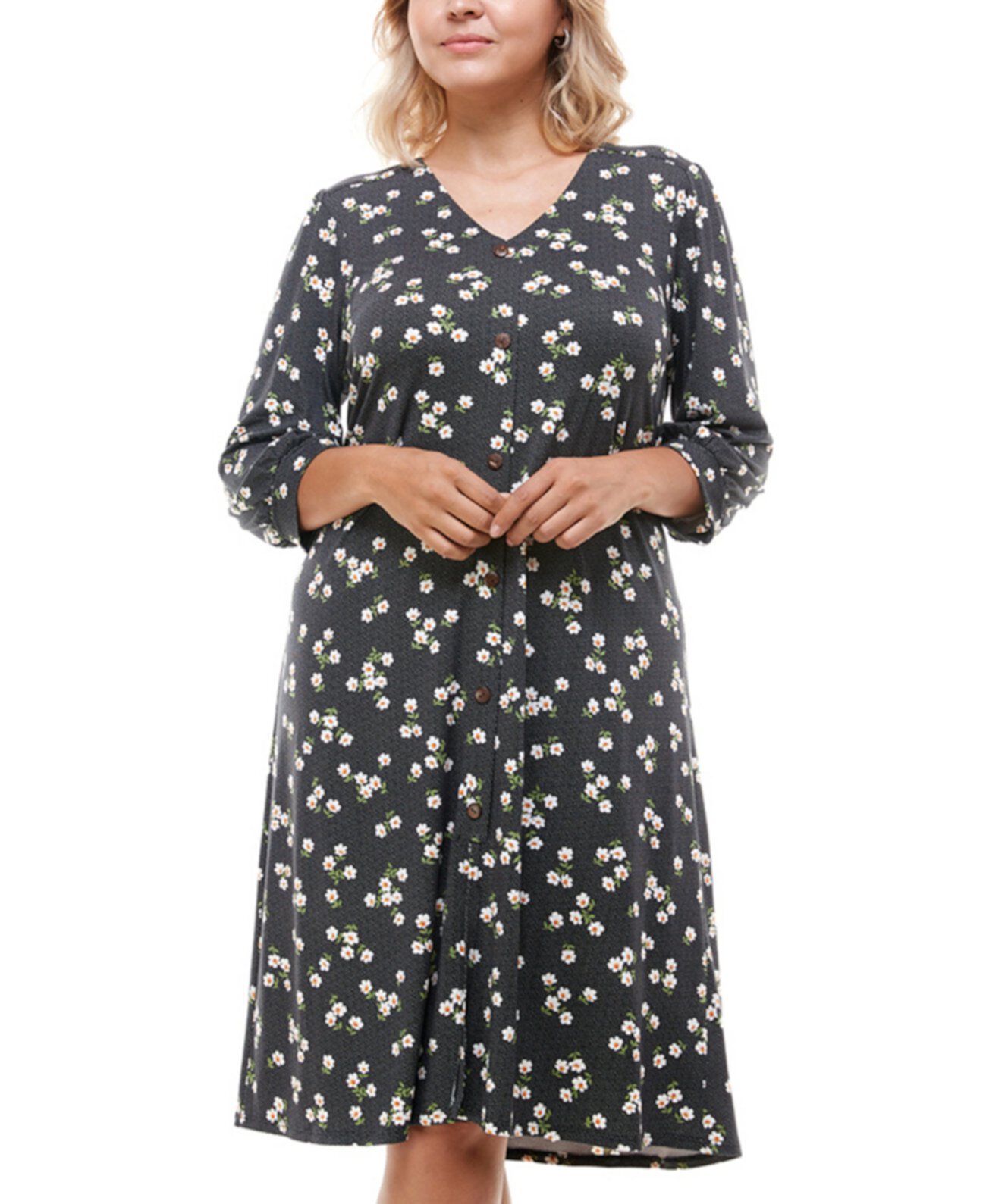 Модное платье больших размеров с цветочным принтом и пуговицами спереди Monteau