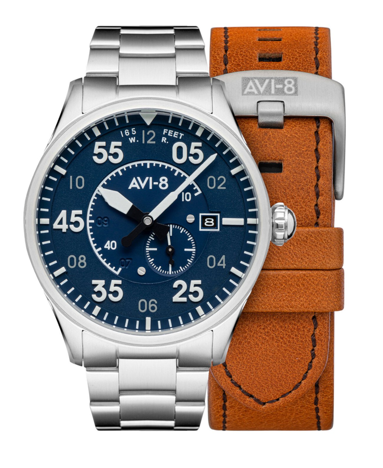 Мужские часы Spitfire с серебристым сплошным браслетом из нержавеющей стали и коричневым ремешком из натуральной кожи, 42 мм AVI-8