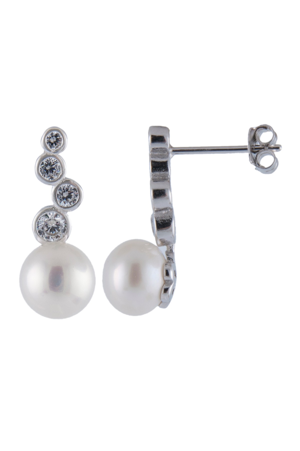 Серьги с культивированным пресноводным жемчугом 7-8 мм с каменным безелем и натуральным белым жемчугом Splendid Pearls