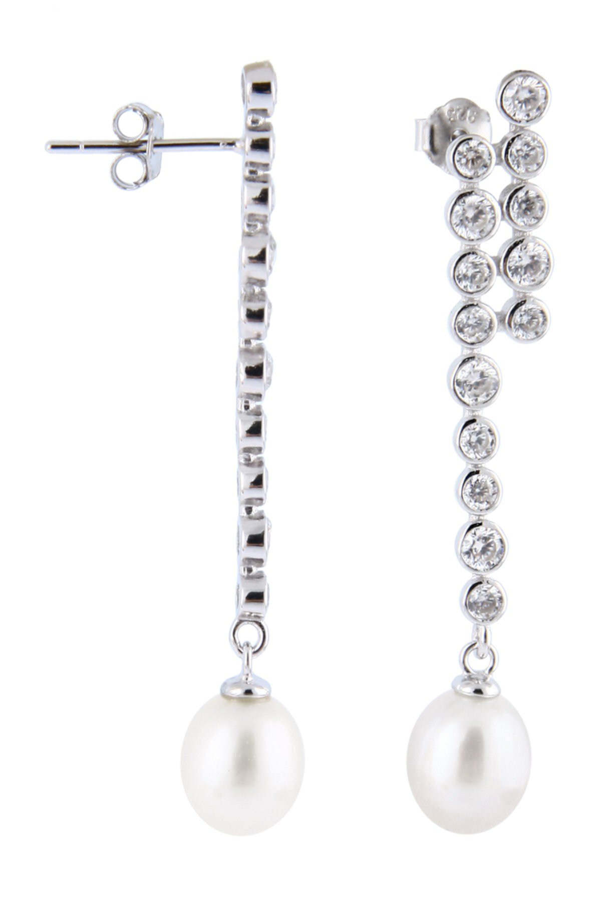Серьги с подвесками из CZ в оправе 7-7,5 мм с пресноводным жемчугом Splendid Pearls