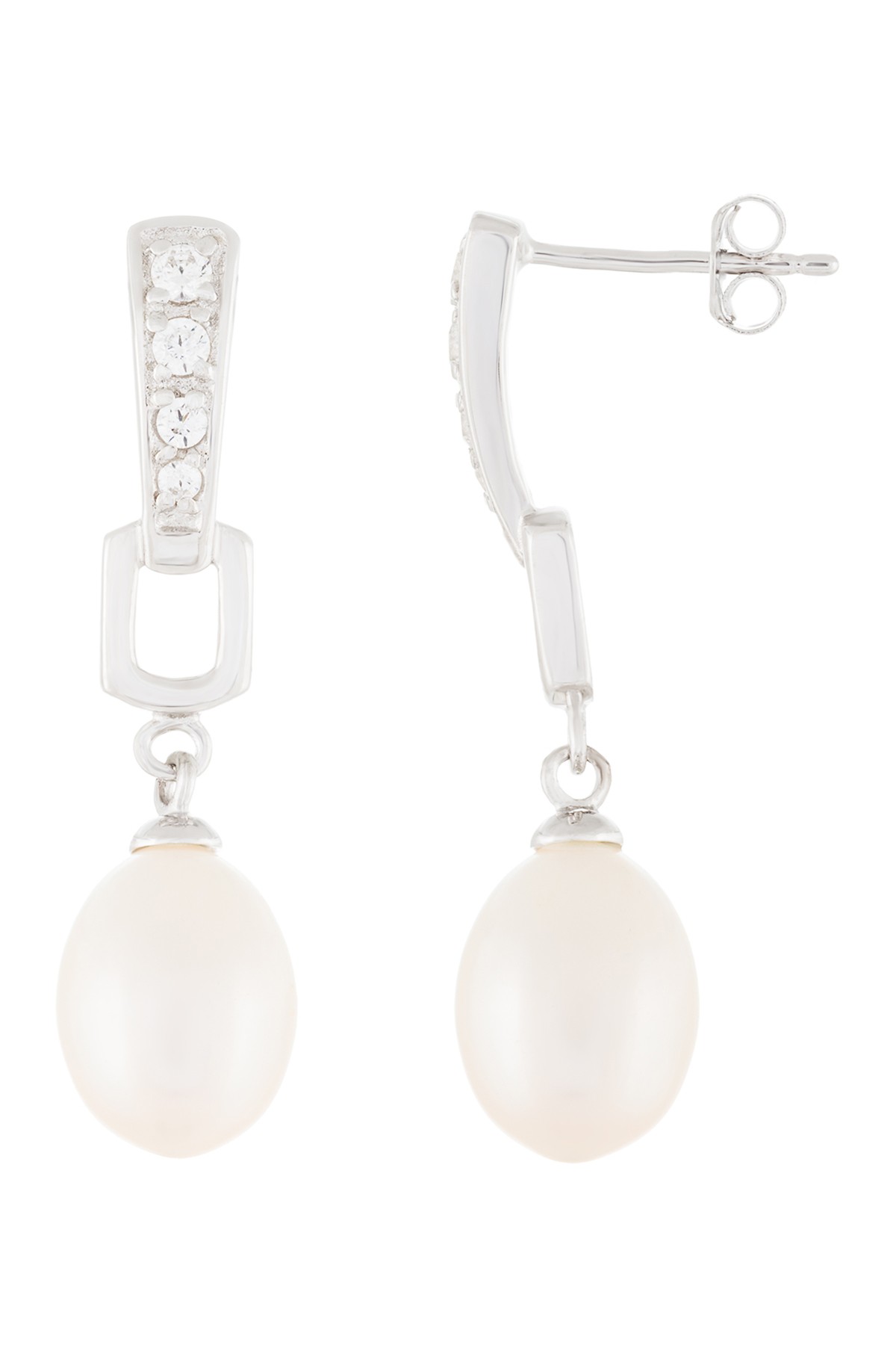 Серьги с подвесками из стерлингового серебра 8,5–9 мм с белым пресноводным жемчугом и CZ Splendid Pearls