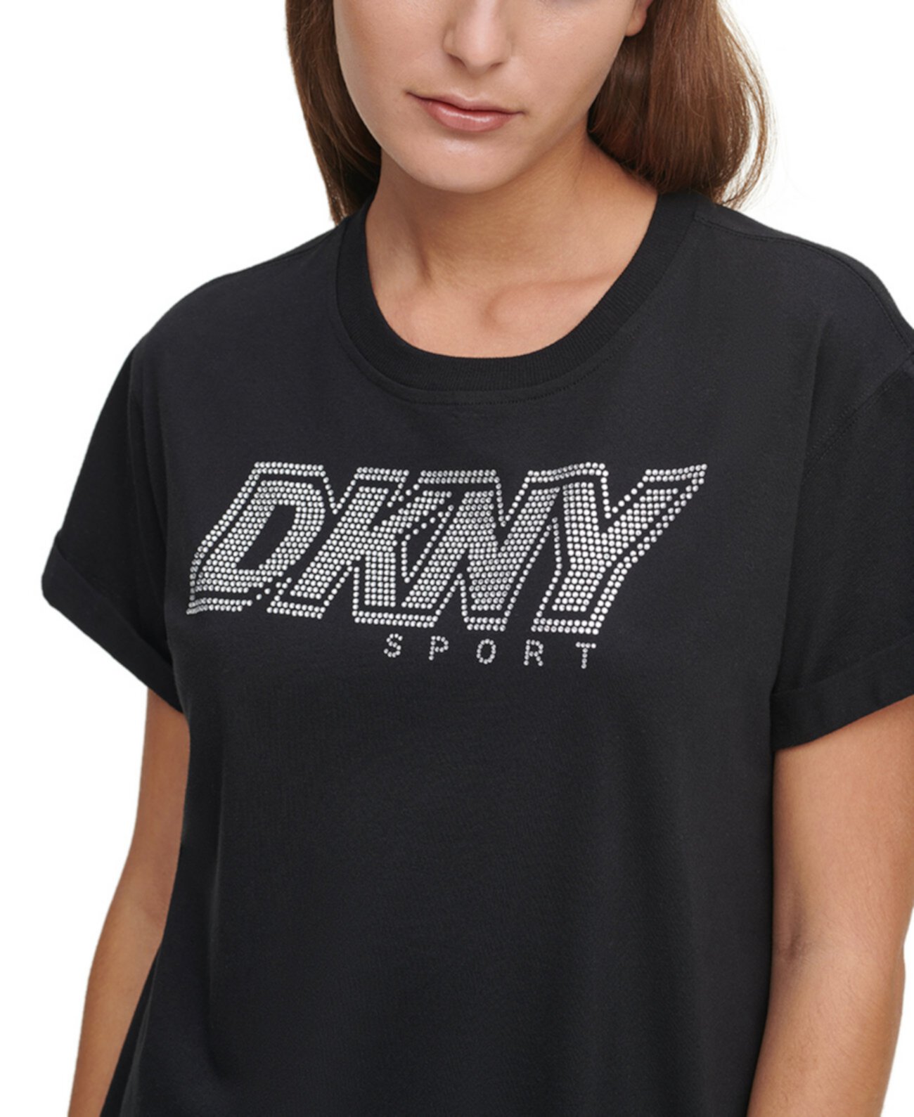 Спортивное платье-футболка с логотипом из хлопка со стразами DKNY