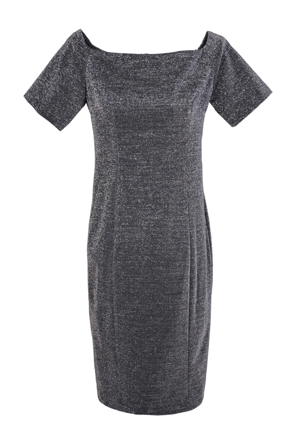 Серебряное мерцающее платье-карандаш с открытыми плечами и рукавами 1/4 FRNCH